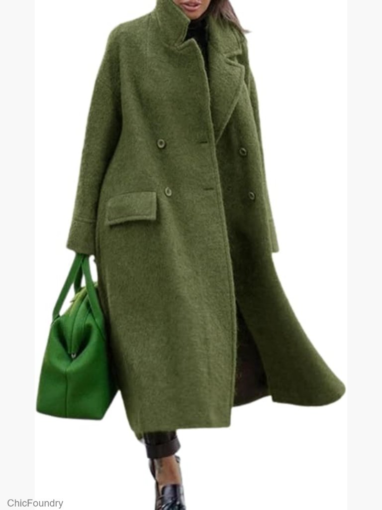 Double Breasted Wool Pea Coat Notched Lapel Long Overcoat Women Winter